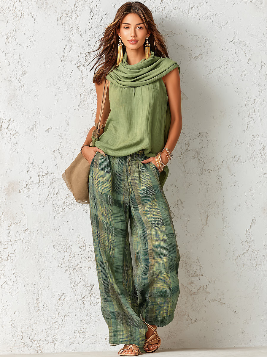 Runa™ | Sleeveless Top And Plaid Trousers Set