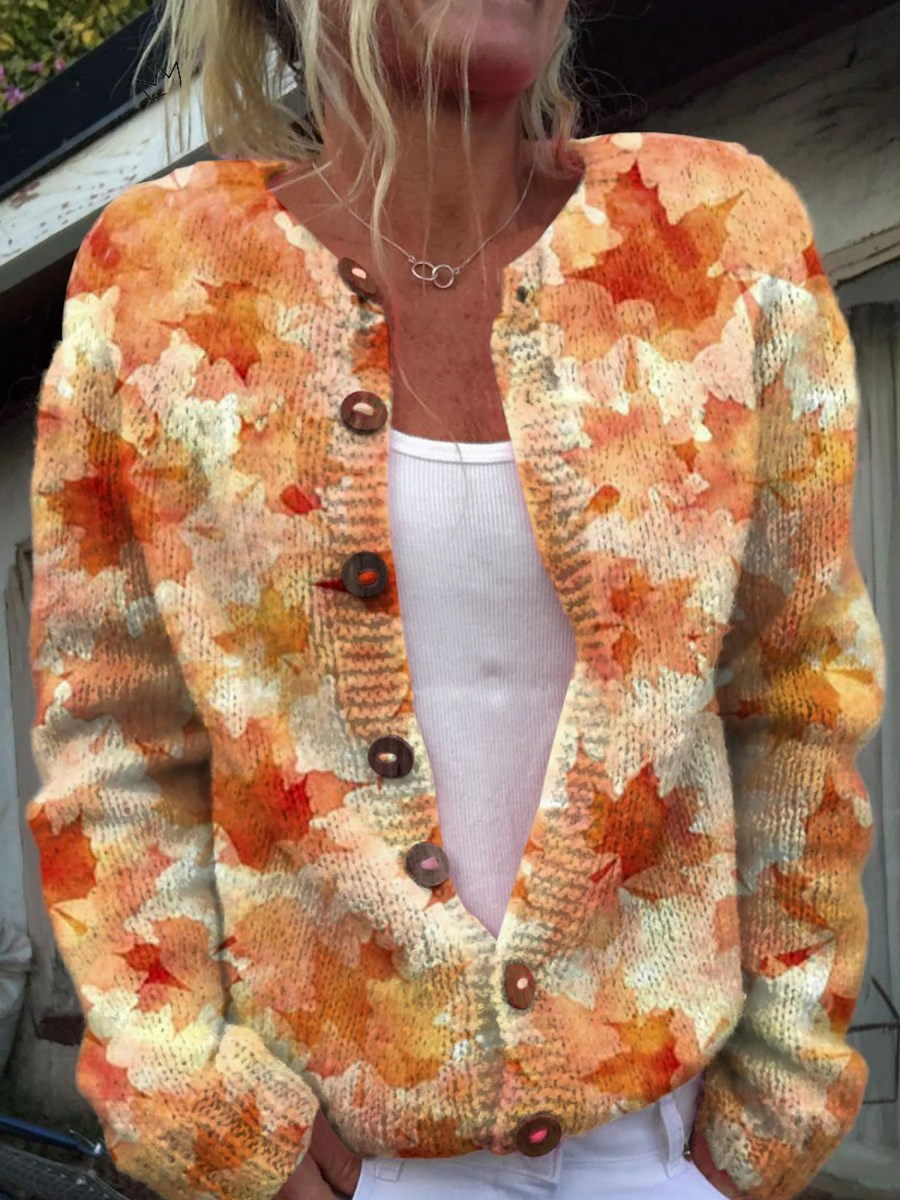 Maple Leaf Autumn Art Print | Buttoned Cardigan Sweater