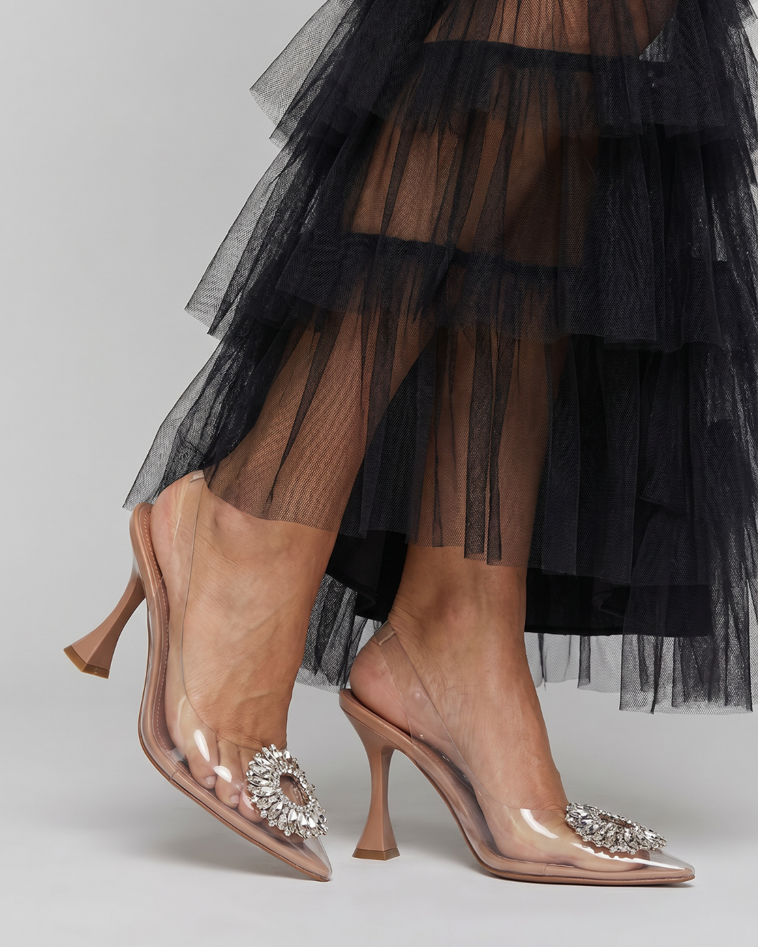 Omela | Rhinestone Buckle Clear Panel Mule Heels