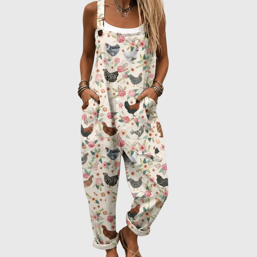 Soft Vintage Chickens and Flowers Jumpsuit