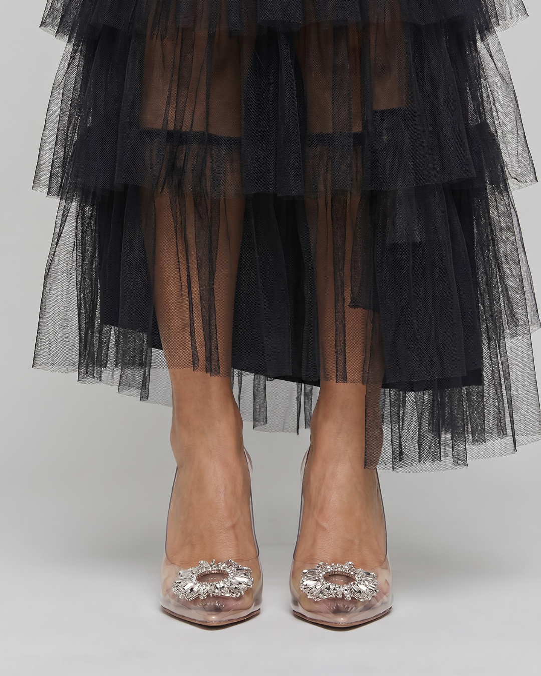 Omela | Rhinestone Buckle Clear Panel Mule Heels