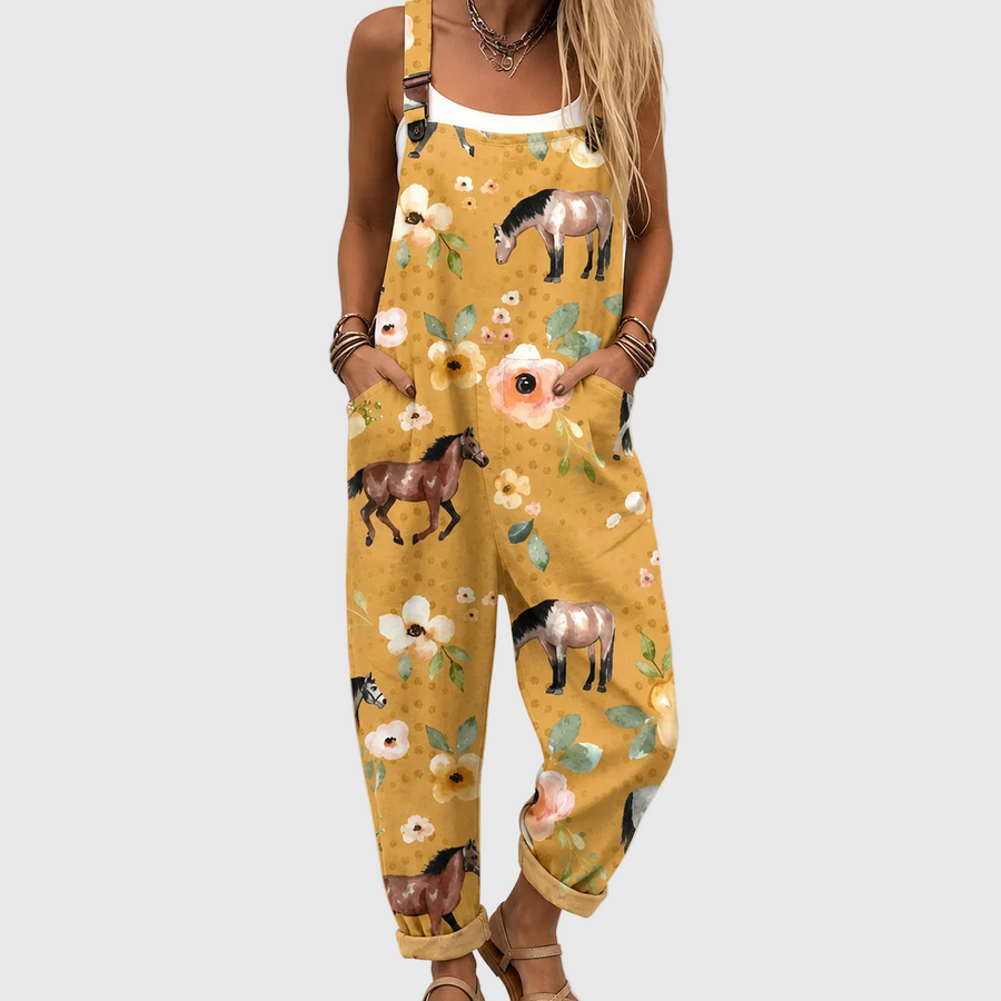 Soft Jumpsuit with Horse and Flower Print