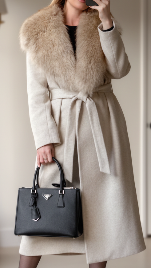 Elena | Coat with Faux Fur Collar and Belt