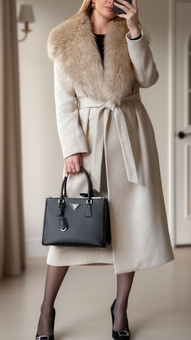 Elena | Coat with Faux Fur Collar and Belt