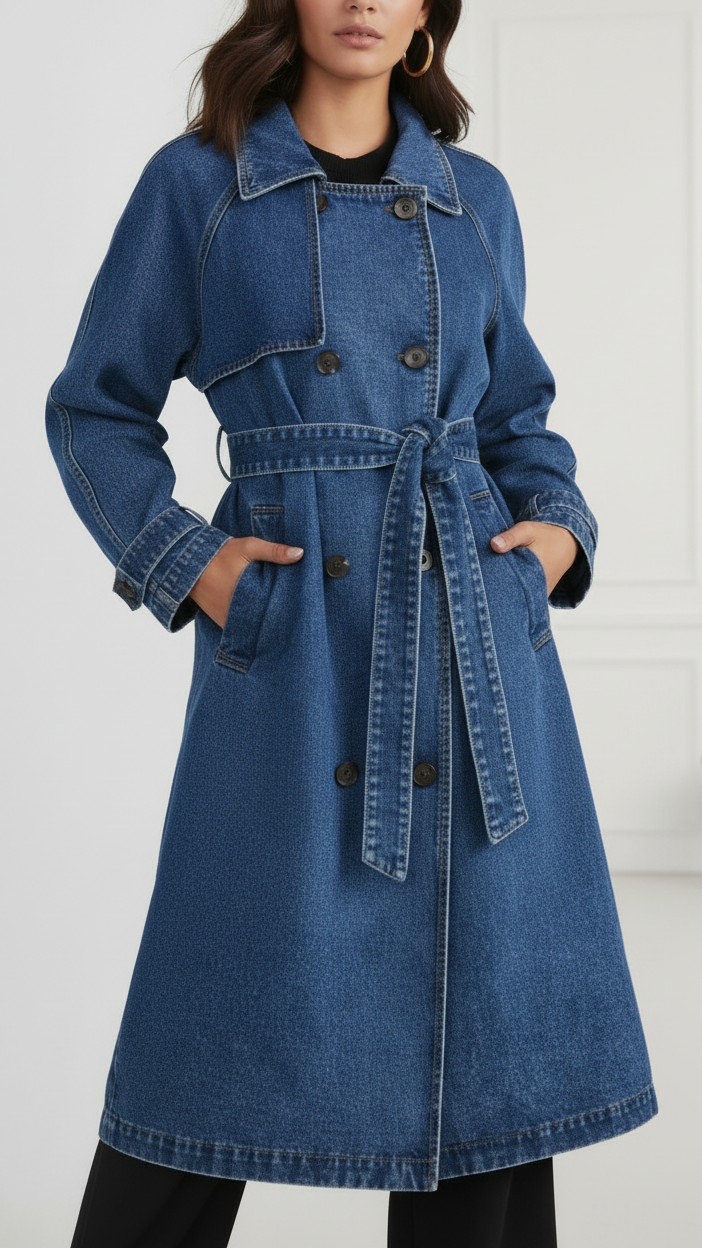 Elena | Longline Denim Trench Coat with Belt