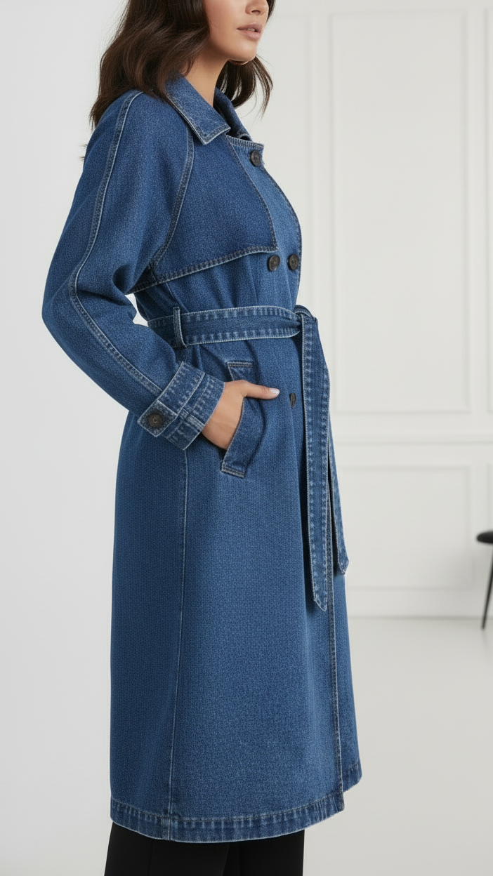 Elena | Longline Denim Trench Coat with Belt