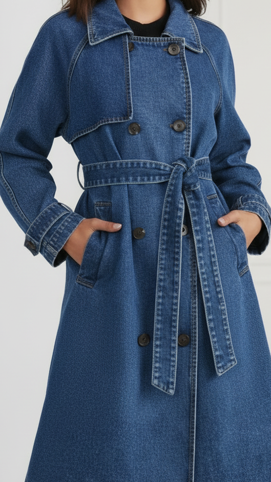 Elena | Longline Denim Trench Coat with Belt