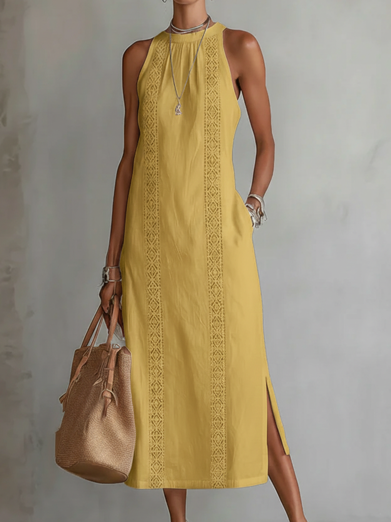 Jimena™ | Linen Midi Dress with Mandarin Collar